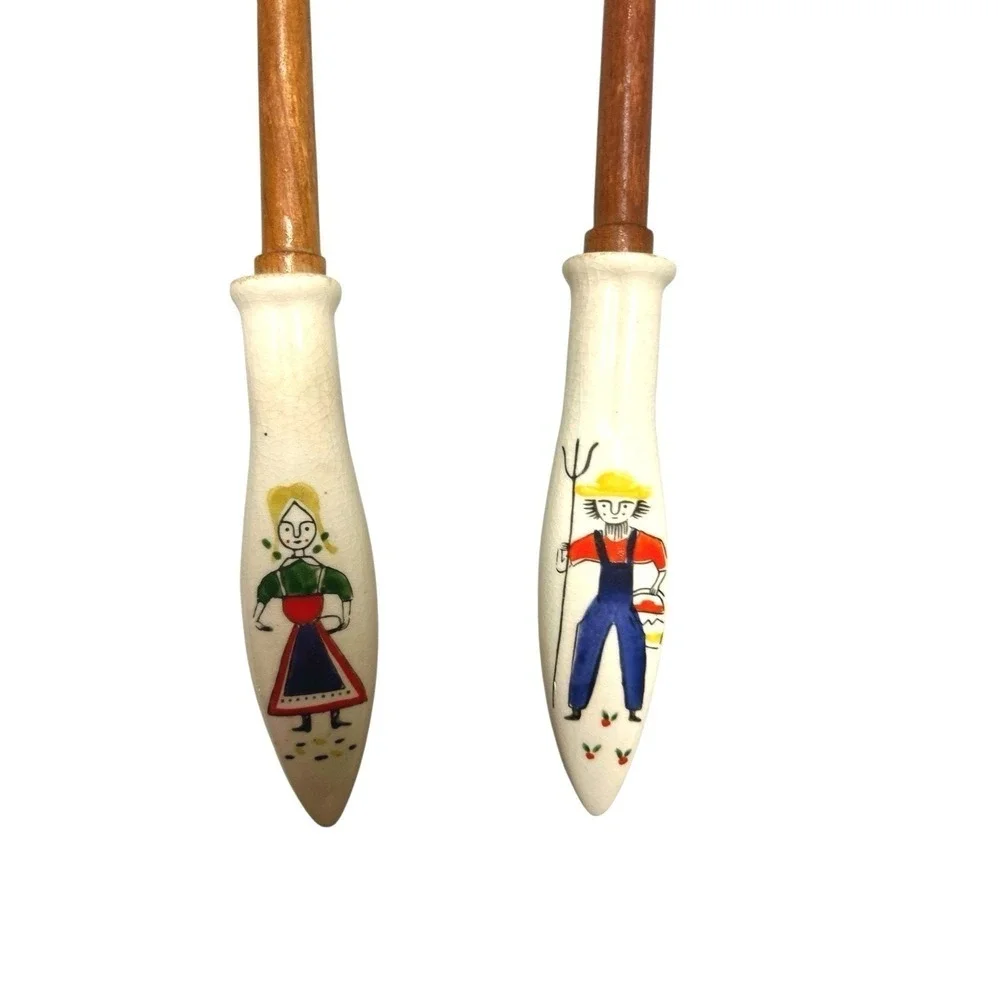 Ceramic Handle Wooden Spoon Fork Salad Set Farmer + Wife 11.5